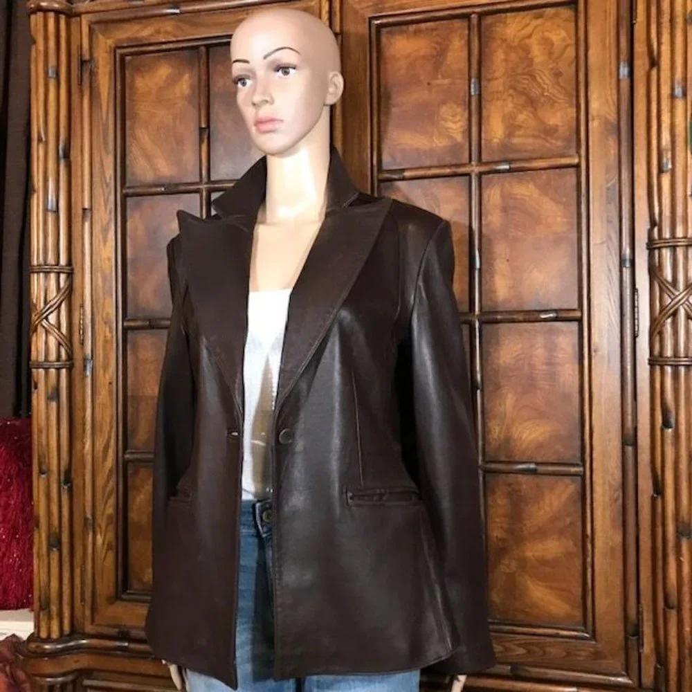 Anne Klein Genuine Lambskin Leather Couture Cocoa Wide Lapel Blazer - Picture 2 of 13